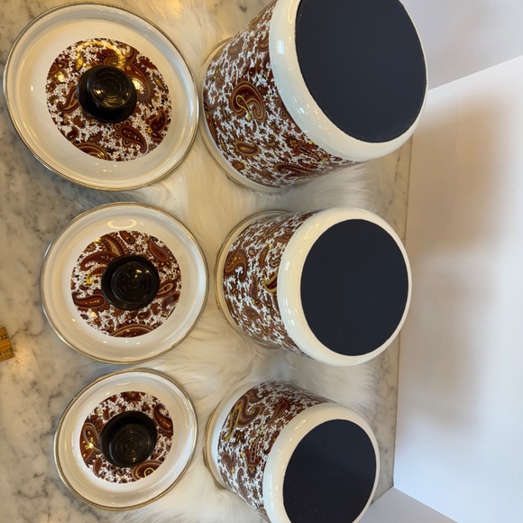 Enamelware Canisters with Lids by Fancipans Brown Paisley Print 70's Vintage EUC - Picture 11 of 11
